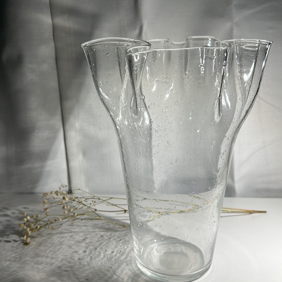 Other - Vintage Clear Controlled Bubble Ruffled 10” Blown Glass Vase